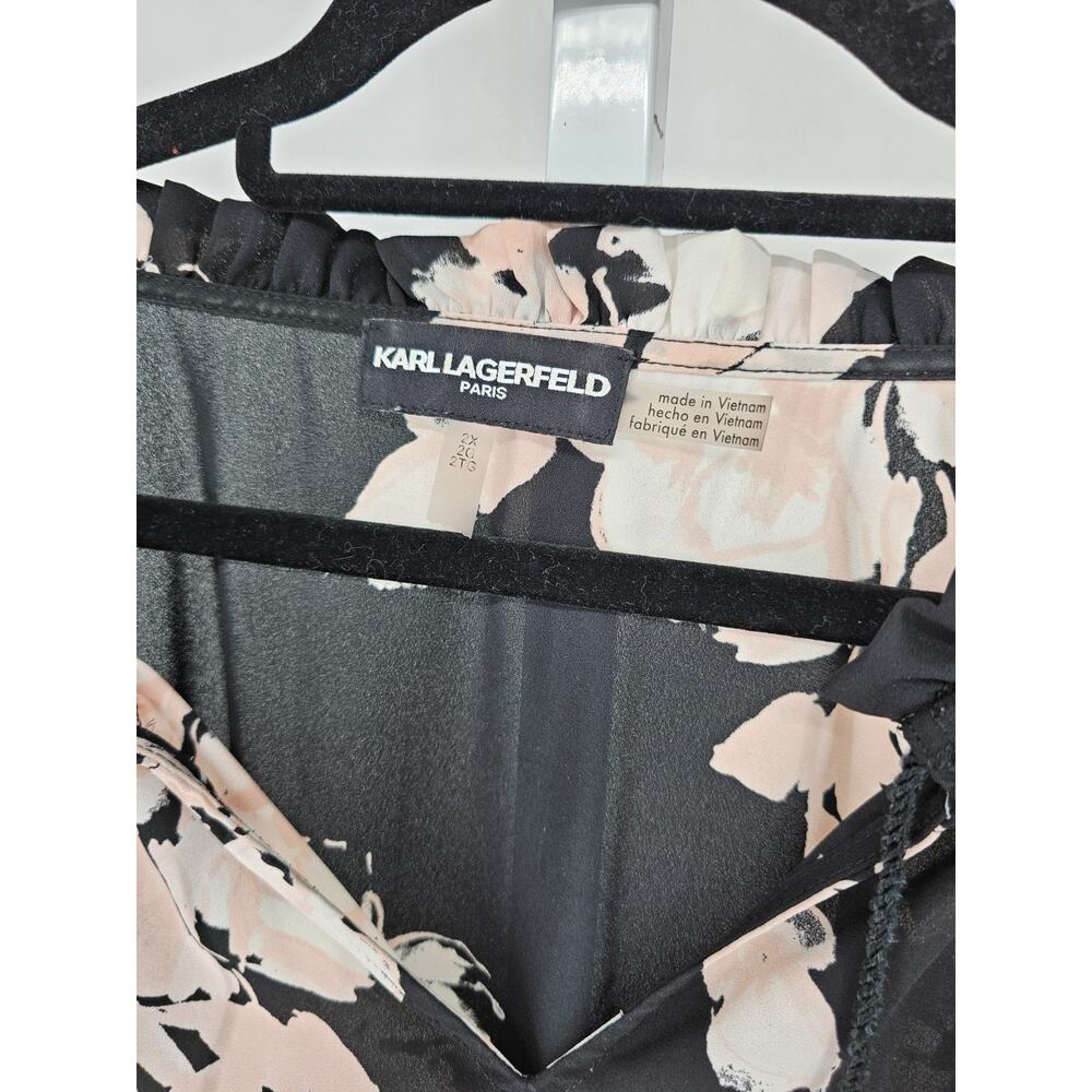 Karl Lagerfeld paris Womens Sz 2X Long Sleeve Blouse Black Pink Floral - Picture 3 of 4